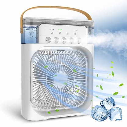 USB Mini Portable Air Cooler with 3 Wind Speed and 3 Spray Modes, Desktop Fan with a 7 colour LED light