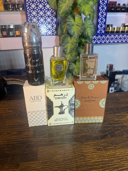 Oud al shams + dirham + bodyspray