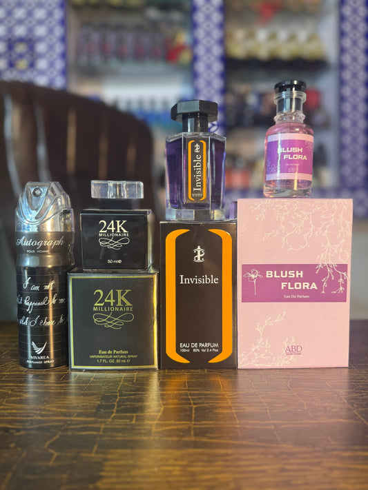 4 perfumes deal ( blush flora + invisible + 24k + bodyspray)