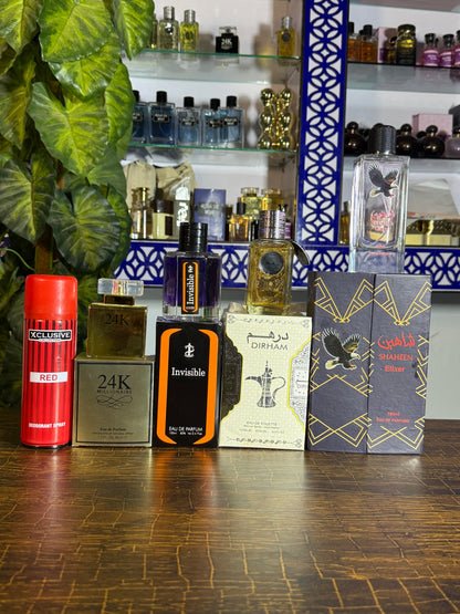 5 perfumes deal ( Shaheen + dirham + invisible + 24k + bs )