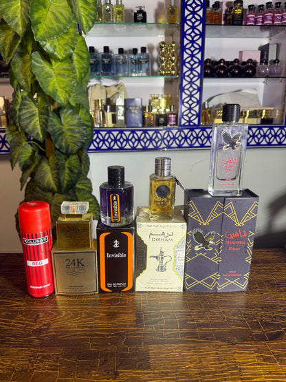 5 perfumes deal ( Shaheen + dirham + invisible + 24k + bs )