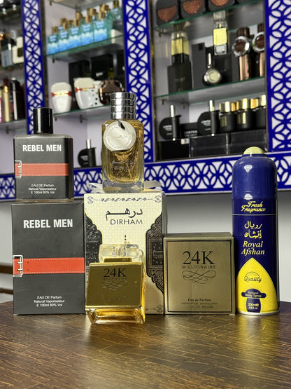 Deal of 4 ( dirham+rebelmen+24k+body spray)